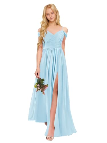 Off Shoulder Junior Bridesmaid Dresses A Line Chiffon Flower Girls Formal Dress with Pockets