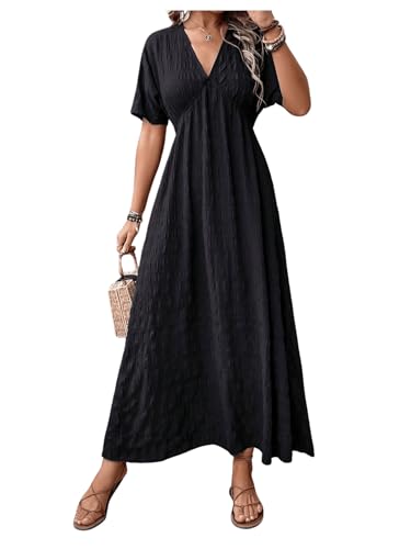 Image of SweatyRocks Women's Batwing Short Sleeve V-Neck Dress Casual High Waist A-Line Flowy Maxi Dress Black Small