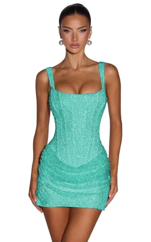 Sparkly Sequins Homecoming Dresses for Teens 2026 Short Tight Square Neck Corset Cocktail Party Dress Turquoise Size 4