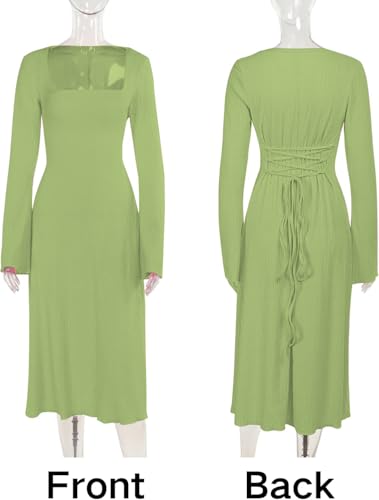 Image of Shasmi Women's Square Neck A-Line Dress - Long Sleeve, Tie Waist, Knitted Stretchable, Casual & Office Outfit, Solid Winter Midi Dress for Women (Dress 221)