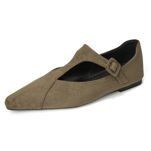 NBZKBNG Women's Suede T-Strap Mary Jane Flats Sexy Pointed Toe Slip-On Ballet Flats with Adjustable Buckle Strap Fashion Date Ballroom Dancing Loafer Shoes (Green,11)