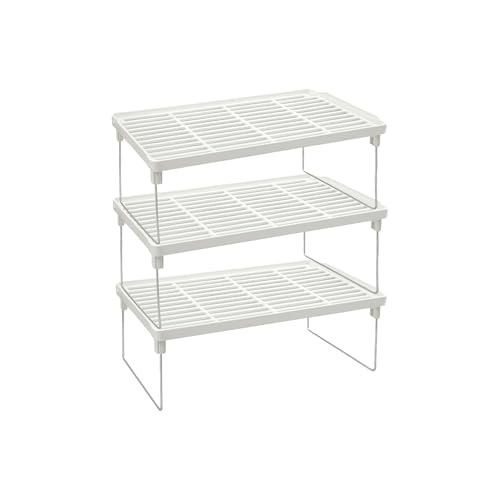 Purfex 3-Piece Kitchen Storage Shelf Organizer Set Cabinet Organizer Shelf Stackable Plastic Foldable Countertop Storage Stand with Metal Legs for Kitchen Bathroom Desk Cabinet & Pantry White