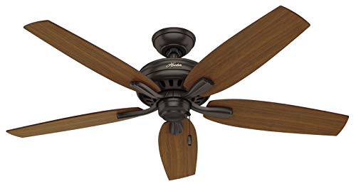 Hunter 52 inch Outdoor or Indoor Ceiling Fan No Light - Bronze Ceiling Fan without Light, For Patio, Porch, Garage, or Living Room, Standard Mount, 5 Blades, Pull Chain - Newsome 53323, Premier Bronze