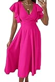 PRETTYGARDEN Summer Midi Dress 2025 Spring Ruffle Sleeve V Neck Cocktail Wedding Guest A Line Fit and Flared Dresses (Rose Red,Medium)