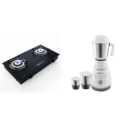 Image of Lifelong LLGS10 Glass Top, 2 Burner Manual Glass Gas Stove, Black (ISI Certified) & Lifelong LLMG45 Power Pro 500-Watt Mixer Grinder with 3 Jars, blades, 1 Year Warranty (White /Grey)