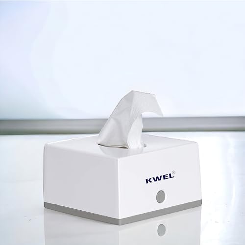 Image of KWEL Facial Tissue Dispenser and Holder Square Dispenser Top for Bathroom Vanity Countertops Bedroom ers Night Stands Desks Tables with 2 Refill - White