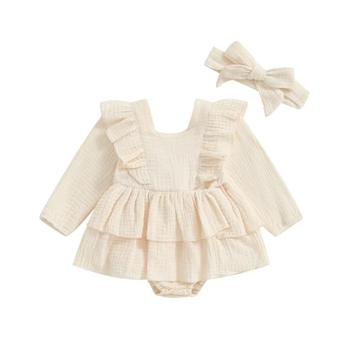 Image of Infant Baby Girl Cotton Linen Outfit Solid Color Long Sleeve Romper Dress Ruffle Bodysuit Headband Set Fall Clothes