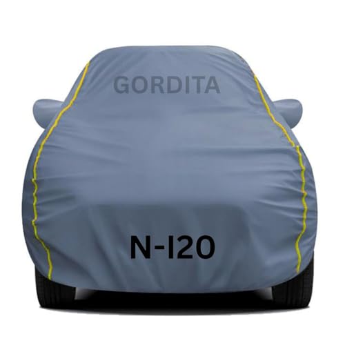 Image of Waterproof Car Body Cover for N i20 All Weather Protection Comes with Inner Cotton Lining & Triple Stitched with Mirror & Antenna Pocket Belt & Elastic Fit Grey with Yellow Piping2
