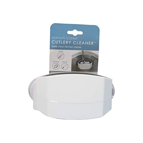 Sophisti-clean Cutlery Cleaner Brush, Suctioned in-Sink Silverware Scrubber, Non-Scratch Bristles, Easily Clean Utensils and Sharp Knives, Convenient Kitchen Gadget, White Cover