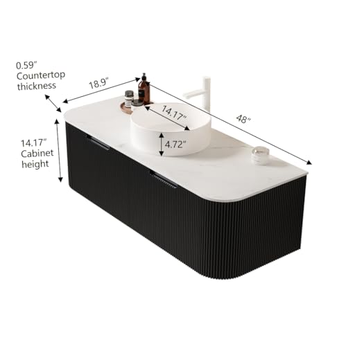 Image of KEIKI 48 inch Wall-Mounted Floating Bathroom Vanity with Sink, Pre-Assembled Storage Cabinet with 3D Textured Drawers & Curved Edge Design, Durable Ceramic Basin, Black