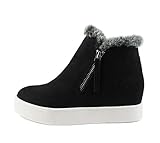 Soda Style Outing – Hidden Wedge Fashion Sneaker Bootie with Fur Collar and Side Zipper (Black,...
