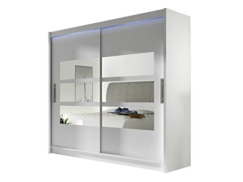 Preisvergleich Produktbild Kleiderschrank mit Spiegel London III, Schwebetürenschrank, Schiebetürenschrank, Modernes Schlafzimmerschrank 180x215x58cm, Garderobe, Schlafzimmer (Weiß, mit RGB LED Beleuchtung)