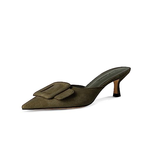 Image of Fericzot Mule Slippers for Women,Slingback Buckle Pumps Pointed Toe Kitten Heels Shoes Slides Backless Dress Sandals