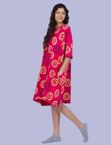 Image of LAMA STORE Women's Printed Oversized T-Shirt Dress, Cotton, 3 /4 Sleeve Length, Casual Loose Fit, Comfort Wear Extra Comfy Oversized Printed Pocket T-Shirt Dress