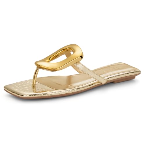 Image of PARTY Square Toe Flip Flops Women,Fashion Designer Thong Sandals with Gold Buckle Trendy Summer Comfort Flat Sandals