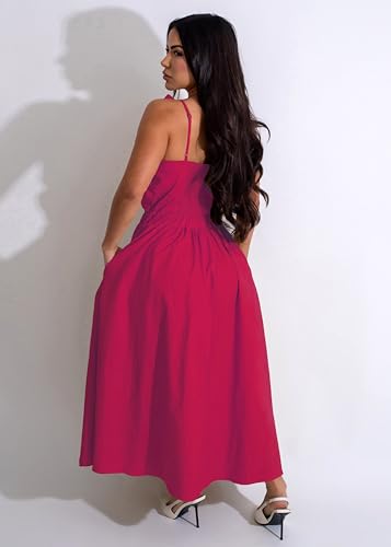 Image of YUEWOO Midi Dresses for Women Casual Summer Sundresses Vacation Outfits Spaghetti Strap Smocked Women Maxi Dress with Pockets