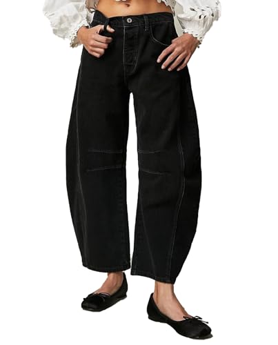 LOAIHA Womens Barrel Jeans Y2k Wide Leg Cropped Baggy Jeans Vintage Mid Rise Loose Boyfriend Denim Pants
