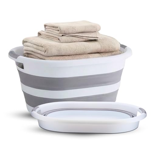 BARGAIN FACTORY 40L Collapsible Plastic Laundry Basket White & Grey Foldable Pop Up Storage Container Space Saving and Portable Organiser/Hamper