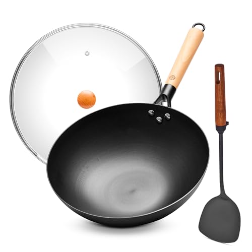 WANGYUANJI Carbon Steel Wok Pan - 12.6 Inch Flat Bottom Iron Wok, Woks & Stir-Fry Pans, Carbon Steel...
