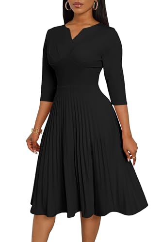 CLOCOR Midi Dresses for Women Casual Wrap Flared Pleated Dress A Line 3/4 Sleeve V Neck Church Cocktail Wedding Guest Dress Black M