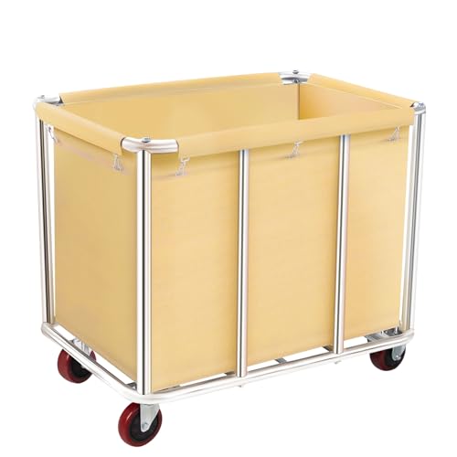 Commercial Laundry Cart with Wheels, 11.35 Bushel Large Laundry Tumbler with Removable Waterproof Canvas Lined Basket, Heavy Duty Stainless Steel Laundry Basket for Hotels and Hospitals