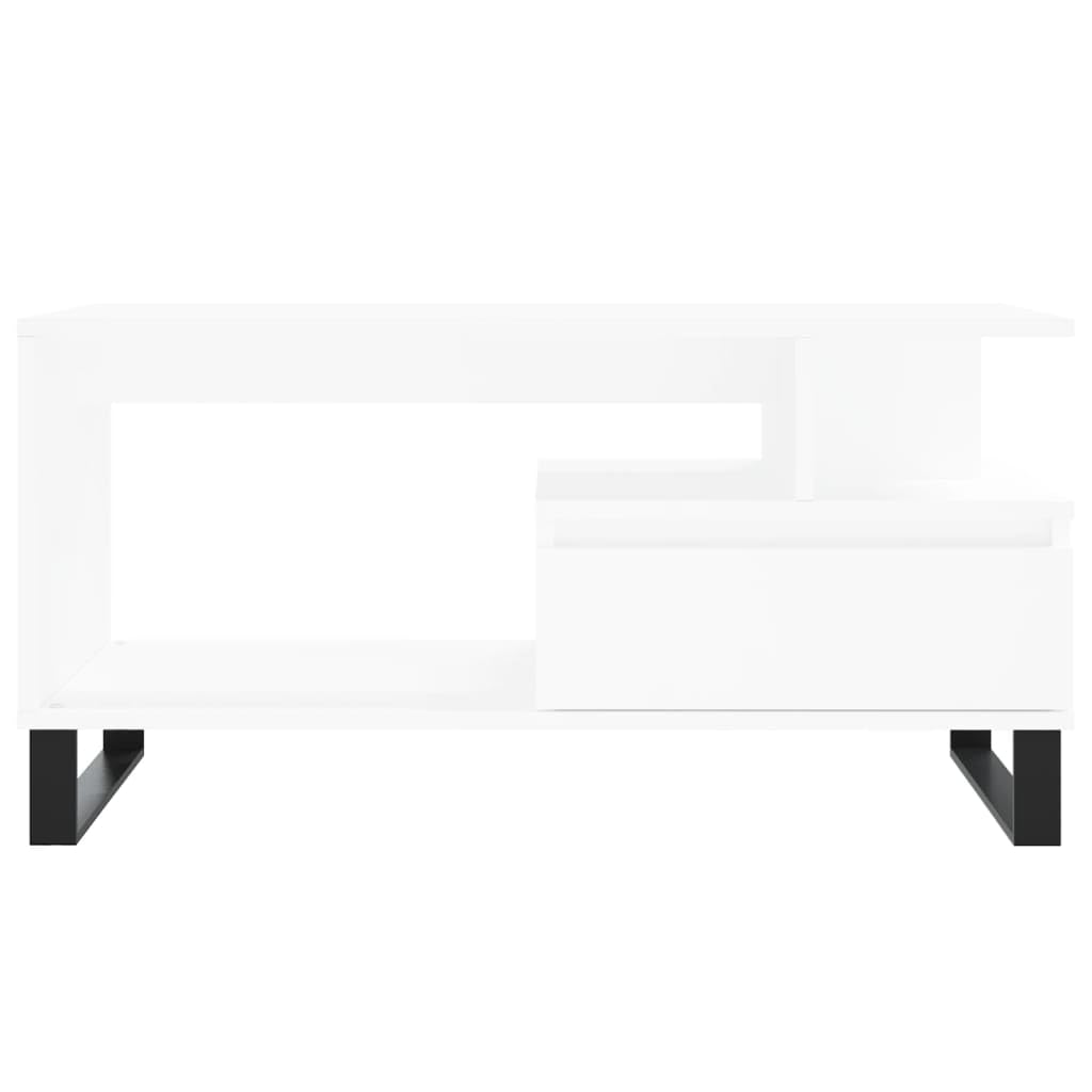 Tavolino bianco 90 x 49 x 45 cm, in legno con cassetto, gambe in metallo, tavolino moderno per soggiorno, elegante ripiano
