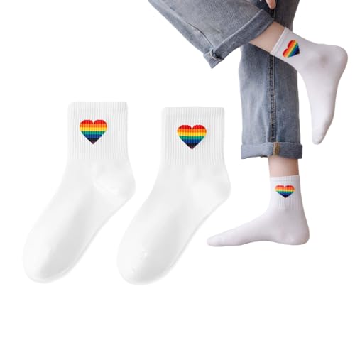 WUSJCOF 1 Paar Schwule Stolz Sportsocken Unisex LGBTQ Accessoires - Socken Männer und Frauen Bunte Flagge Pride Regenbogen (Weiß, Regenbogen)