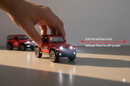 Image of Pull Back Thar Rock Jeep Toy Car for Kids | Metal Body SUV with Opening Doors, Lights & Sound | Off-Road Die-Cast Vehicle Toy for Boys & Girls