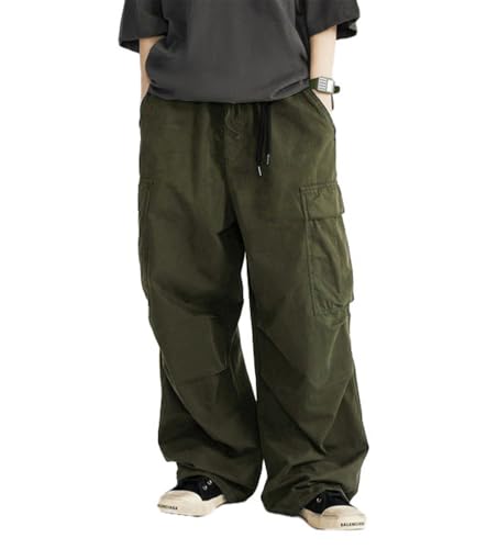 THWEI Mens Baggy Cargo Pants Casual Parachute Cargo Pants Elastic Waist Streetwear Multi Pockets Army Green 2XL