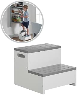 Haus Projekt Step Stool for Kids in White/Grey, Sturdy Double Step Stool, Montessori Learning Stepping Stool for Children, Anti-Slip Stool