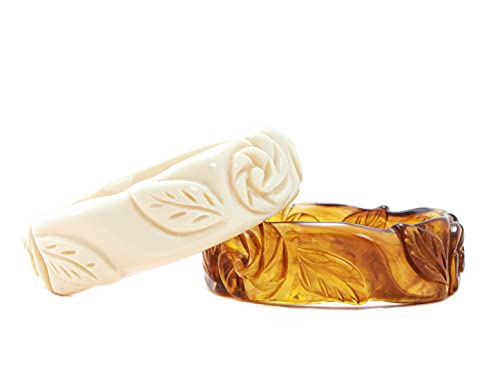 ADIA KIBUR Medium Carved Rose Unique Resin Plastic Acrylic Bangle Bracelet Bakelite Alternative Vintage Fashion Designer Jewelry Boho Trend Classic Best Gift for Women Girls (Ivory, Tortoise)