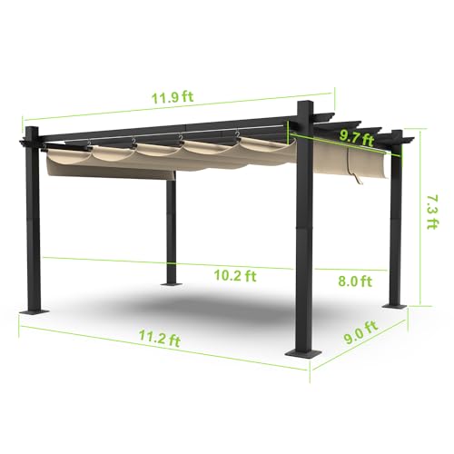 Aoxun 10‘×12’ Outdoor Pergola, Metal Patio Pergola with Brown Shade Cover, Upgraded Canopy with Adjustable Roof for Backyard, Garden