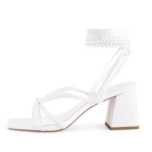 Image of Shoe'N Tale Lace Up Heels for Women Ankle Strappy Gladiator High Heeled Sandals Chunky Block Heel Square Open Toe Criss Cross Dress Shoes