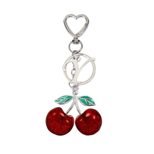 Heart-Shaped Keychain with Initial A-Z and Cherry Charm Bag Charms for Women,Car Accessories