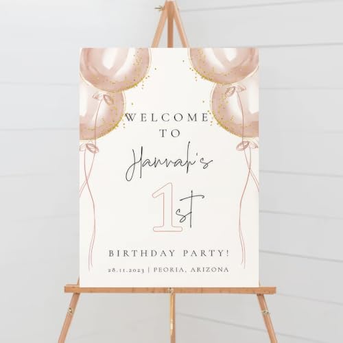Personalized Welcome Birthday Sign, Pink Balloon First Birthday Welcome Sign, Delicate Girl 1St Welcome Signs, Blush Balloon Welcome, Happy Birthday Decorations