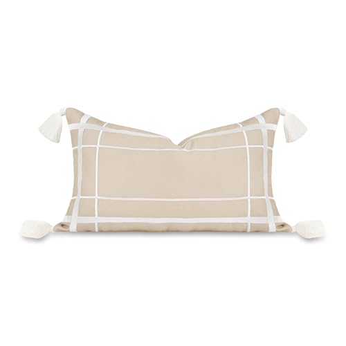 Hofdeco Premium Coastal Patio Indoor Outdoor Lumbar Pillow Cover Only, 12"x20" Water Repellent for Backyard, Couch, Neutral Tan Embroidered Line Frame