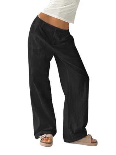 Womens Classic Casual Pants Plain Low Waist Straight Leg Pants