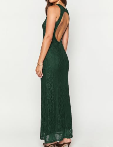 Image of Elegant Lace Floral V Neck Backless Bodycon Dresses for Women Sexy Cut Out Low Back Sleeveless Maxi Dress Wedding Guest