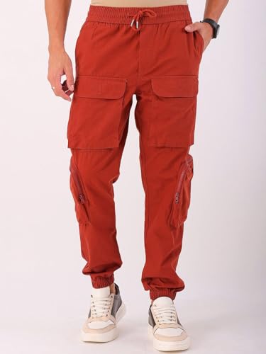 Image of The Indian Garage Co Men Regular Fit Solid Mid-Rise Elasticated Cuffed Cargo Joggers