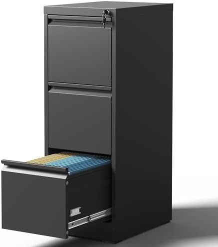 3 Drawer File Cabinet with Lock, Metal Vertical Filing Cabinets f...