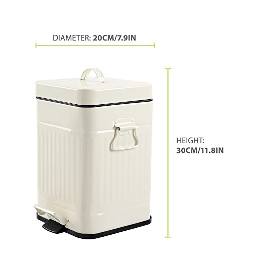 Image of Bathroom Trash Can with Lid, Small Garbage Bin for Home Bedroom, Retro Step Wastebasket with Soft Close, Vintage Metal Office Trash Can, 5 Liter / 1.3 Gallon, Ivory White