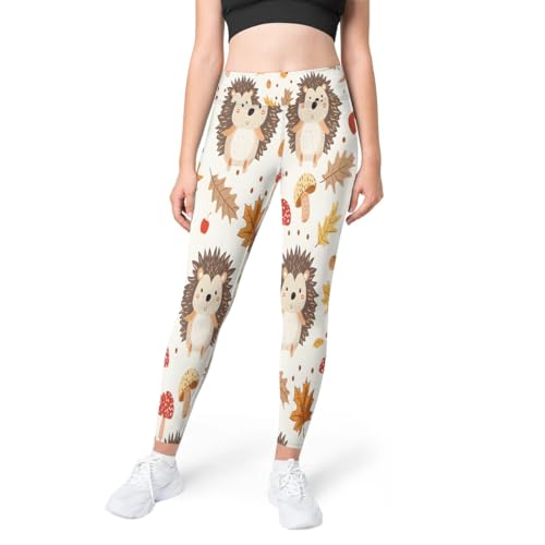 Calça legging feminina de cintura alta para ioga Hedgehogs Mushrooms Chestnuts Acorns, Ouriços Cogum