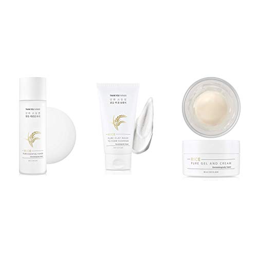 Thankyou Farmer Rice Pure Foam Cleanser + Essential Toner + Gel and Cream 3 SET, Korean Rice Extracts 100,000ppm