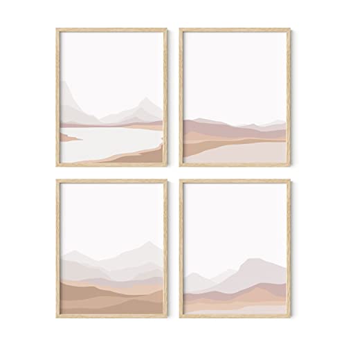 HAUS AND HUES Mountain Wall Art - Set of 4 Mid-Century Modern Landscape Decor, Nature & Modern Art Wall Art | Beige Framed 11x14