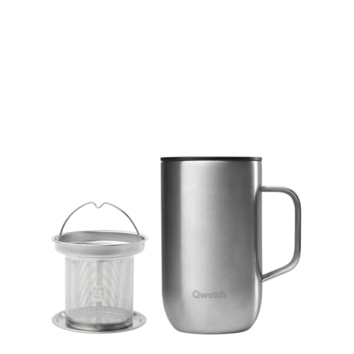 QWETCH – Taza isotérmica de acero inoxidable reciclada con asa y filtro infusor de acero inoxidable cepillado, – Tisana isotérmica 470 ml – Termo café y té – 6h caliente y 12h frío – Tapón deslizante