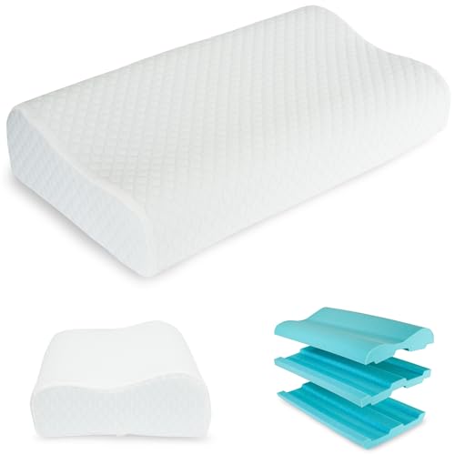 Flowen Cuscino Cervicale Altezza Regolabile Memory Foam Guanciale per Dormire a Doppia Onda Ortopedico Ideale per Supporto al Collo Ergonomico Traspirante Antirussamento Anallergico Federa Lavabile