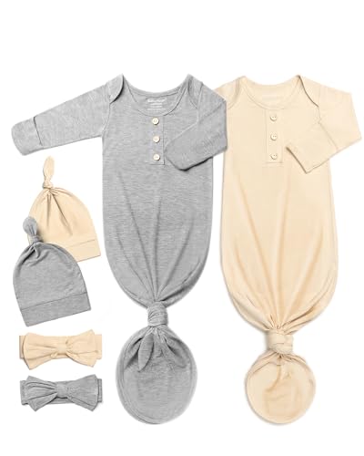 Image of Baby Noah Newborn Knotted Gown Set with Hat and Headband, Soft Tie Bottom Newborn Sleepers for Baby Girl Boy (2 Packs)