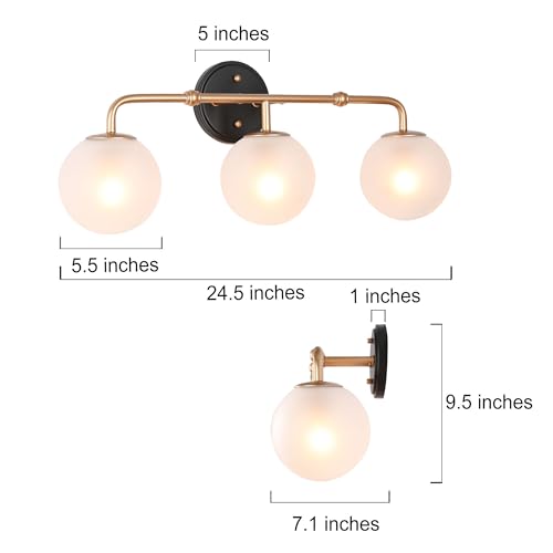 Image of KSANA Bathroom Light Fixtures, 3-Light Black and Gold Vanity Lights with White Frosted Glass Shade, 24.5-inch Modern Bathroom Lighting Over Mirror