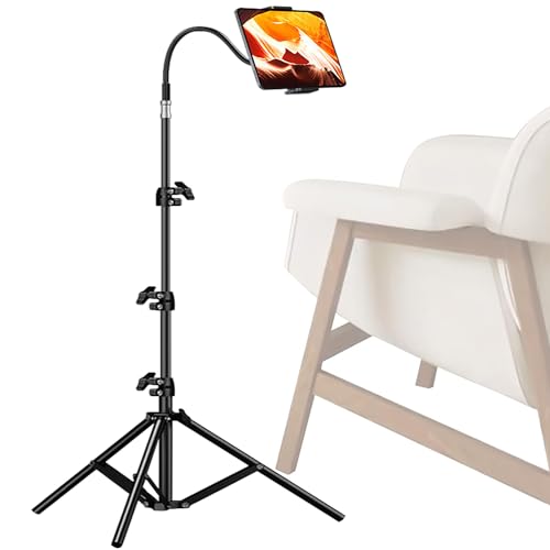 Gluckluz Tablet Floor Stand Adjustable iPad Tripod Holder Metal Tablet Mount with 360° Rotatable Gooseneck & 50-160cm Adjustable Height for 3.5-10.6" iPad, iPhoneX, Samsung Tab, Kindle, Cellphone