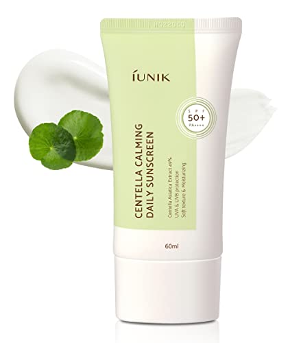 IUNIK Centella Calming Vegan Moisture SPF 50+ PA++++ Non-Sticky No White Cast Light-Weight Daily Sunscreen Reef-Safe UVA UVB Matte-Finish No-Scent 2 Oz Beta-Glucan Dry Oily Sensitive Acne-Prone Skin Korean Skincare